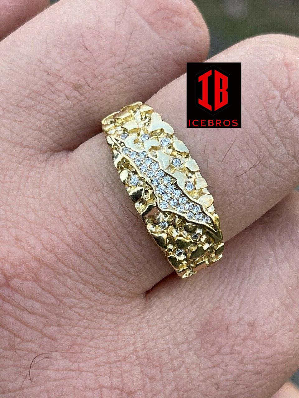 Men REAL Solid 925 Sterling Silver & 14k Gold Nugget Band Ring W. Iced Claw Mark (CZ)