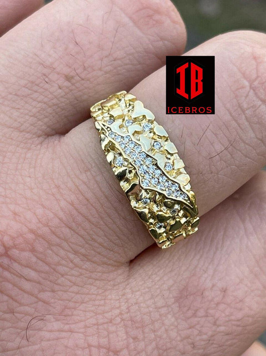 Men REAL Solid 925 Sterling Silver & 14k Gold Nugget Band Ring W. Iced Claw Mark (CZ)