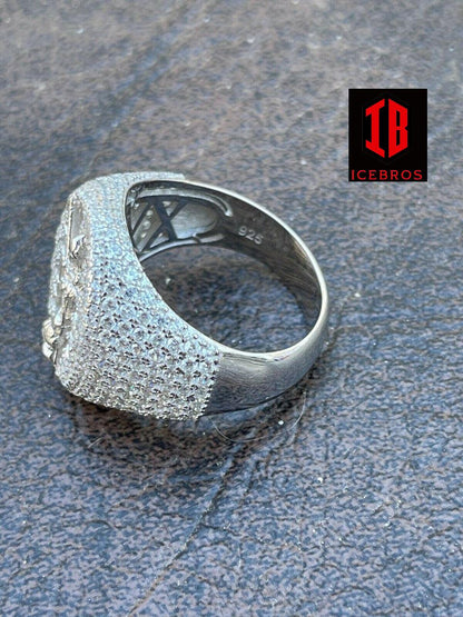 Real 925 Silver Baguette Diamond Grim Reaper Santa Muerte Iced Mens Hip Hop Ring (CZ)