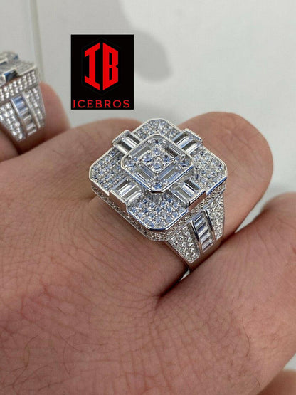 14k Gold Over Real Solid 925 Silver Men's Baguette Diamond Cross Ring Hip Hop (CZ)