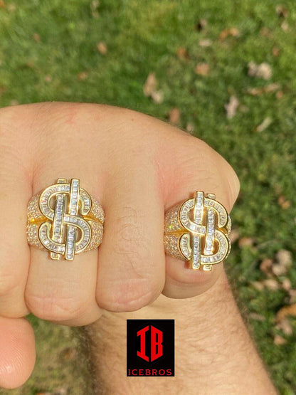 14k Gold Real Solid 925 Sterling Silver Men's Hip Hop Dollar Sign $ Pinky Ring (CZ)