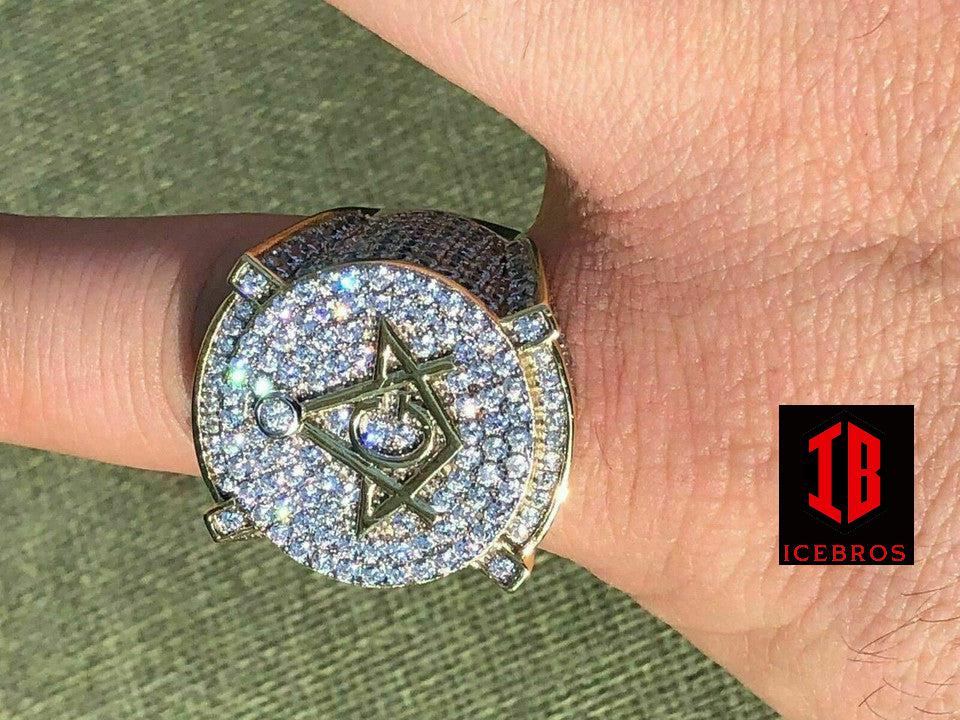 Men's Large Solid 925 Silver 3ct Iced Diamond Masonic Free Mason RING 14k Gold (CZ)