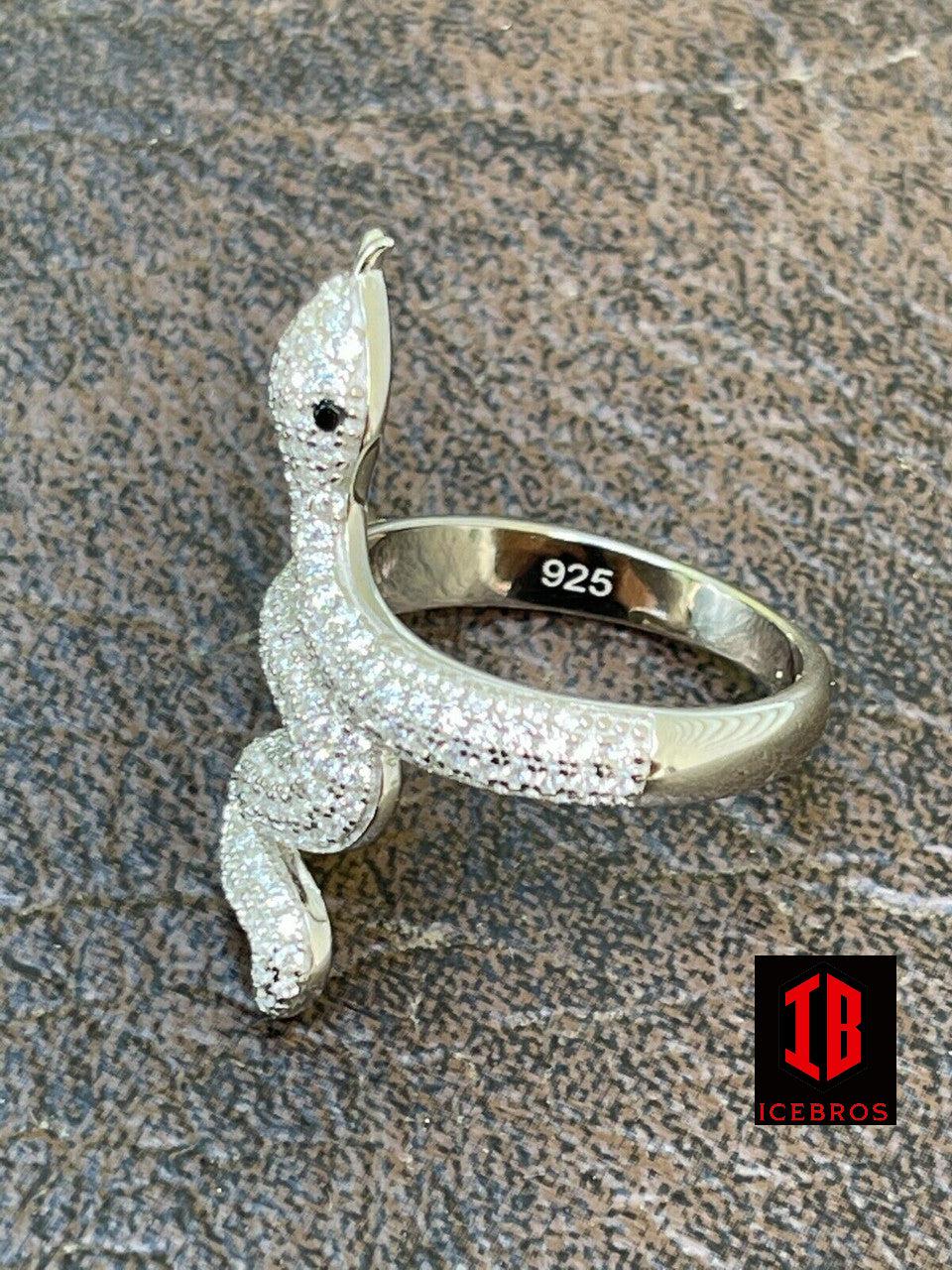 Real Solid 925 Sterling Silver Mens Ladies Snake Cobra Iced Diamond Ring Hip Hop  (CZ)