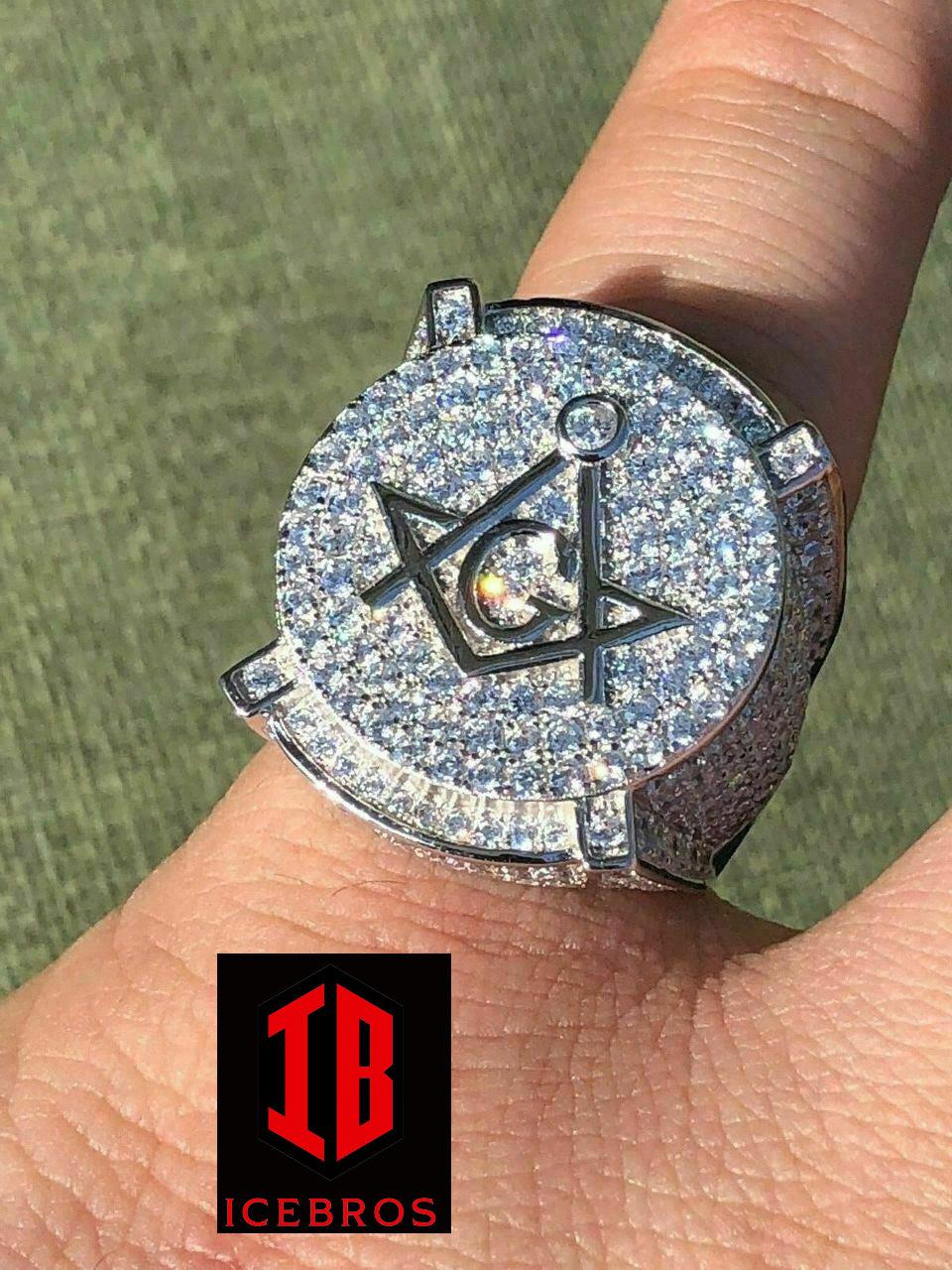 Men's Large Solid 925 Silver 3ct Iced Diamond Masonic Free Mason RING 14k Gold (CZ)