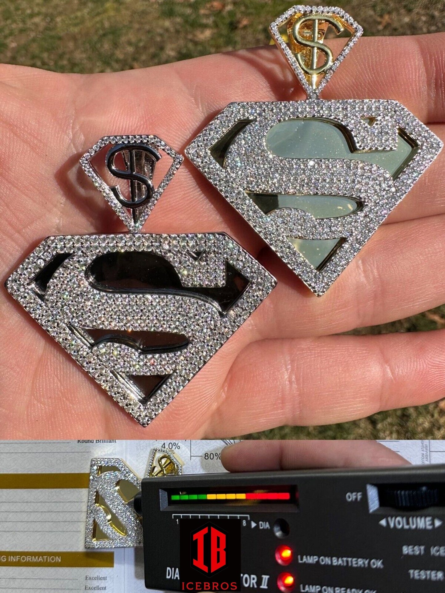 MOISSANITE Vermeil 925 Silver/Gold Plated Iced SUPERMAN Superhero Pendant Necklace