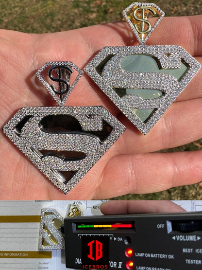 MOISSANITE Vermeil 925 Silver/Gold Plated Iced SUPERMAN Superhero Pendant Necklace