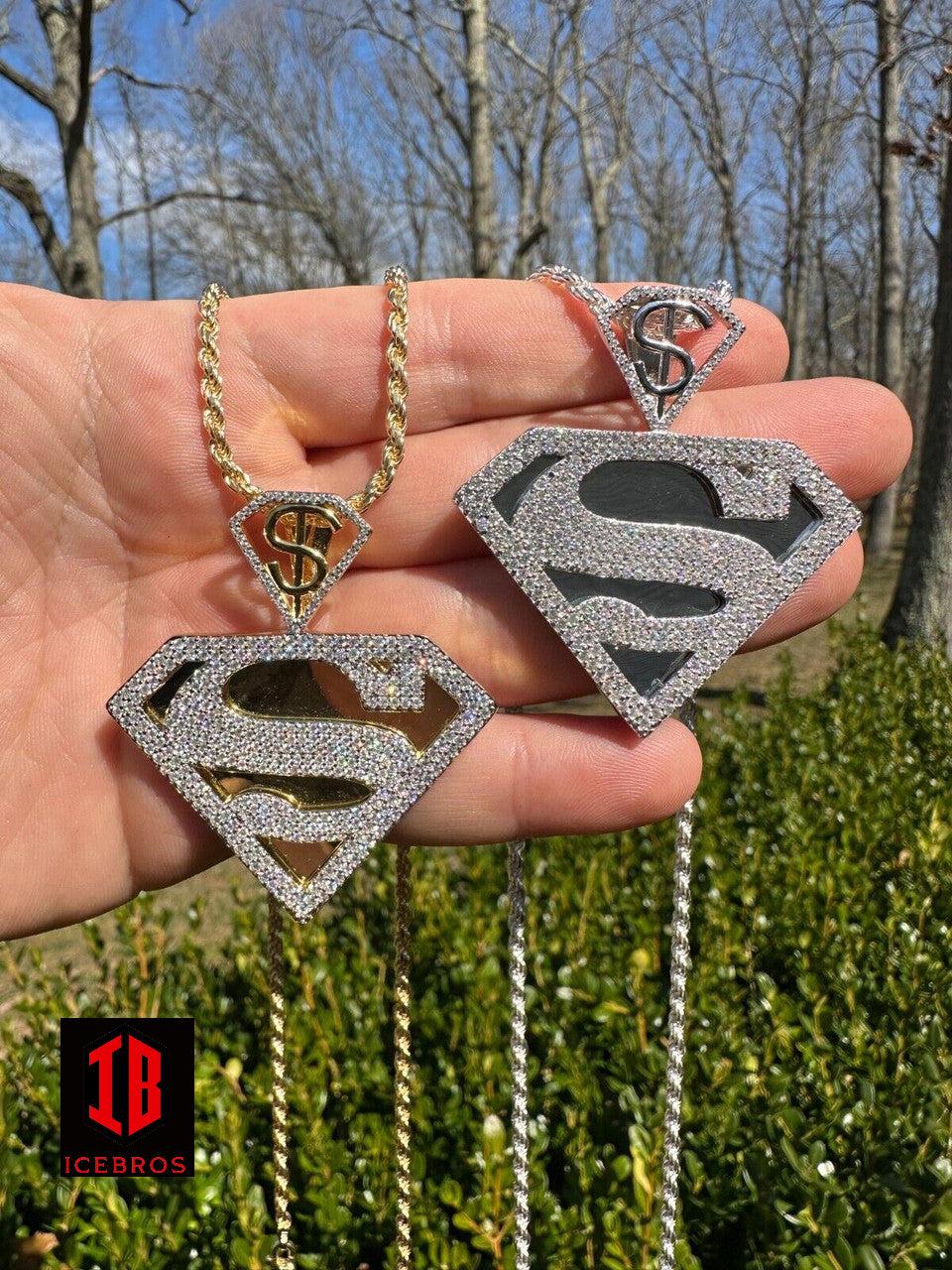 MOISSANITE Vermeil 925 Silver/Gold Plated Iced SUPERMAN Superhero Pendant Necklace