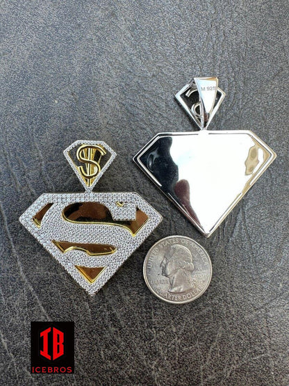 MOISSANITE Vermeil 925 Silver/Gold Plated Iced SUPERMAN Superhero Pendant Necklace