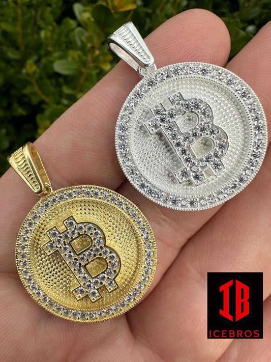 Solid 925 Silver 14K Gold Iced Letter B BITCOIN CZ Pendant Necklace HipHop (CZ)