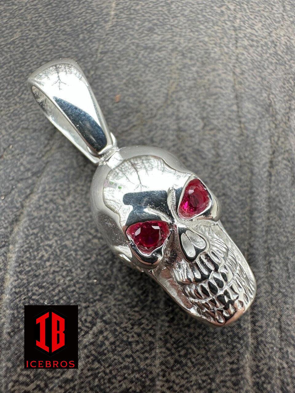 Real Solid 925 Silver Skull W. Red Eyes Pendant Men Or Ladies Emo Gothic Chain