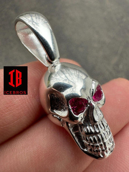 Real Solid 925 Silver Skull W. Red Eyes Pendant Men Or Ladies Emo Gothic Chain