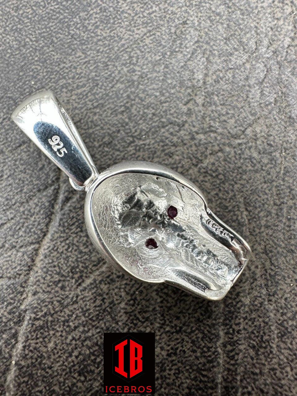 Real Solid 925 Silver Skull W. Red Eyes Pendant Men Or Ladies Emo Gothic Chain