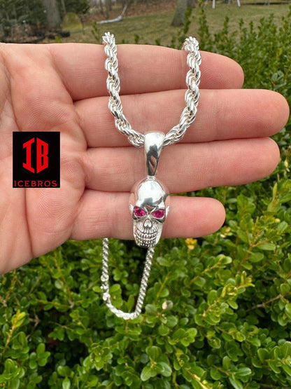 Real Solid 925 Silver Skull W. Red Eyes Pendant Men Or Ladies Emo Gothic Chain