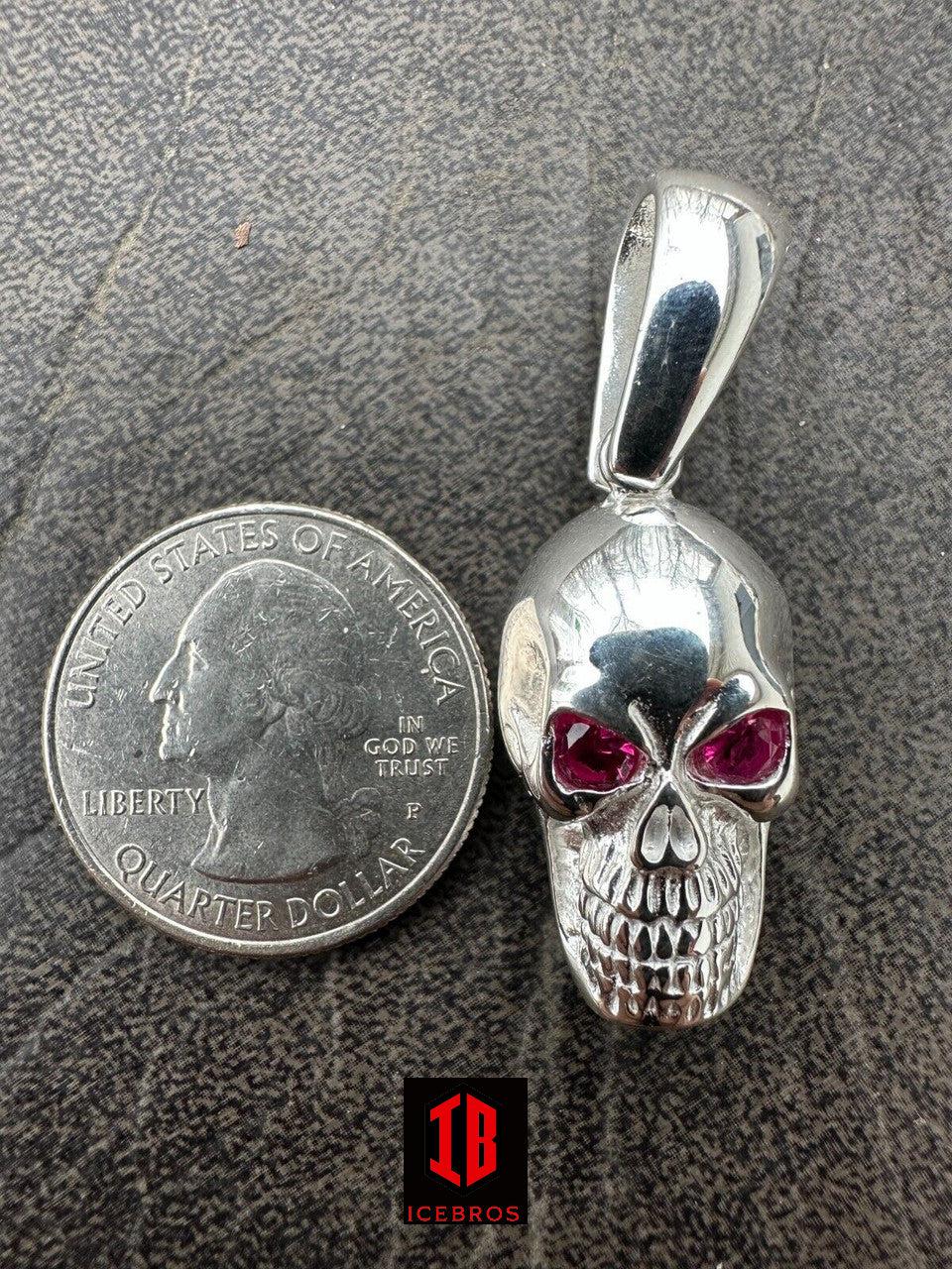 Real Solid 925 Silver Skull W. Red Eyes Pendant Men Or Ladies Emo Gothic Chain