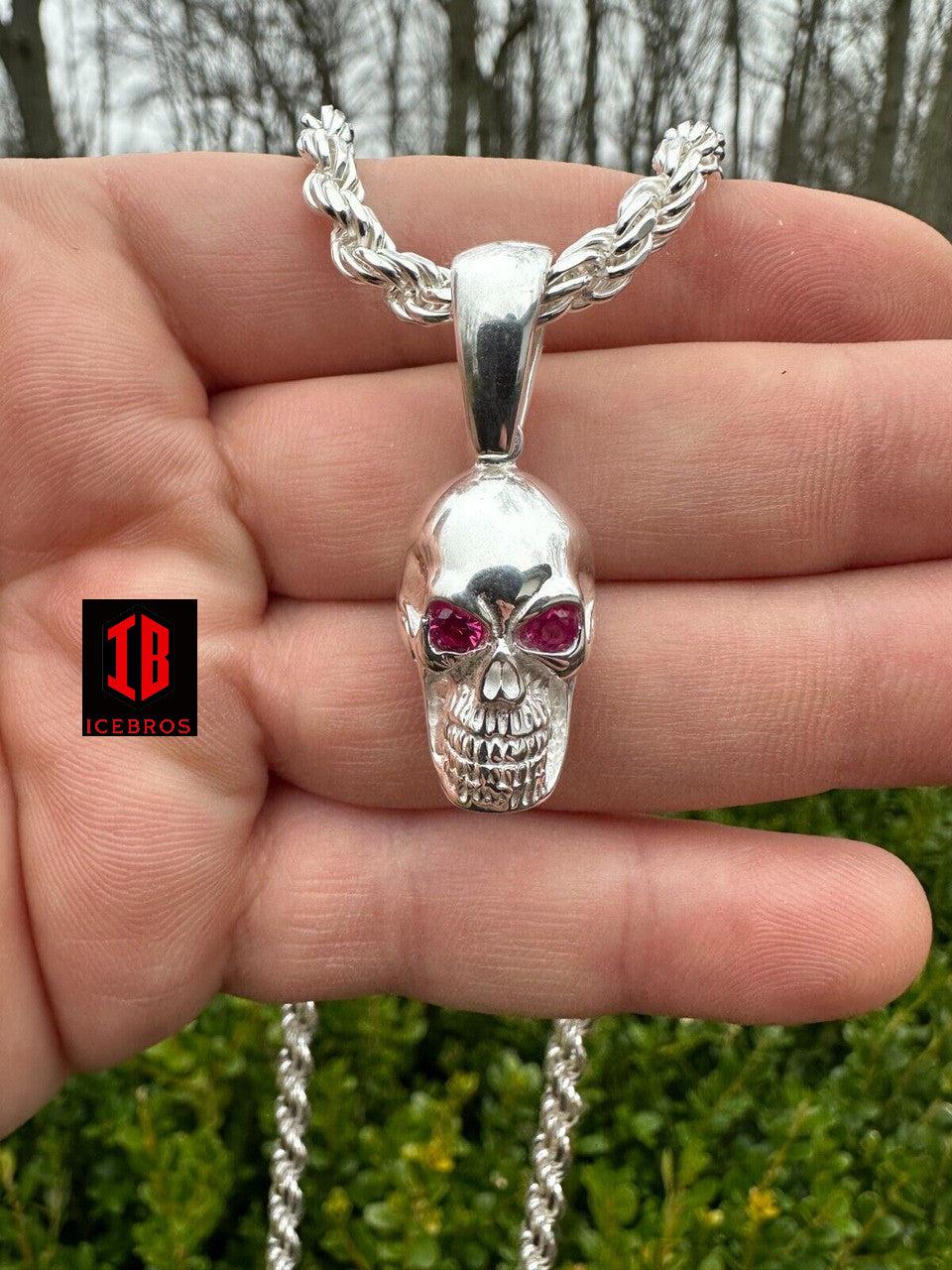 Real Solid 925 Silver Skull W. Red Eyes Pendant Men Or Ladies Emo Gothic Chain