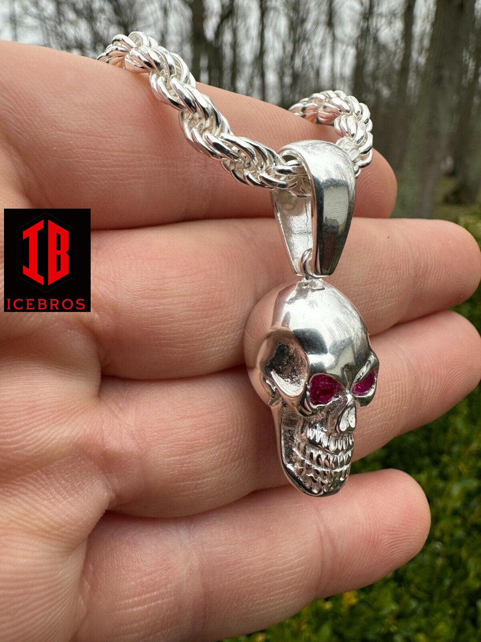 Real Solid 925 Silver Skull W. Red Eyes Pendant Men Or Ladies Emo Gothic Chain