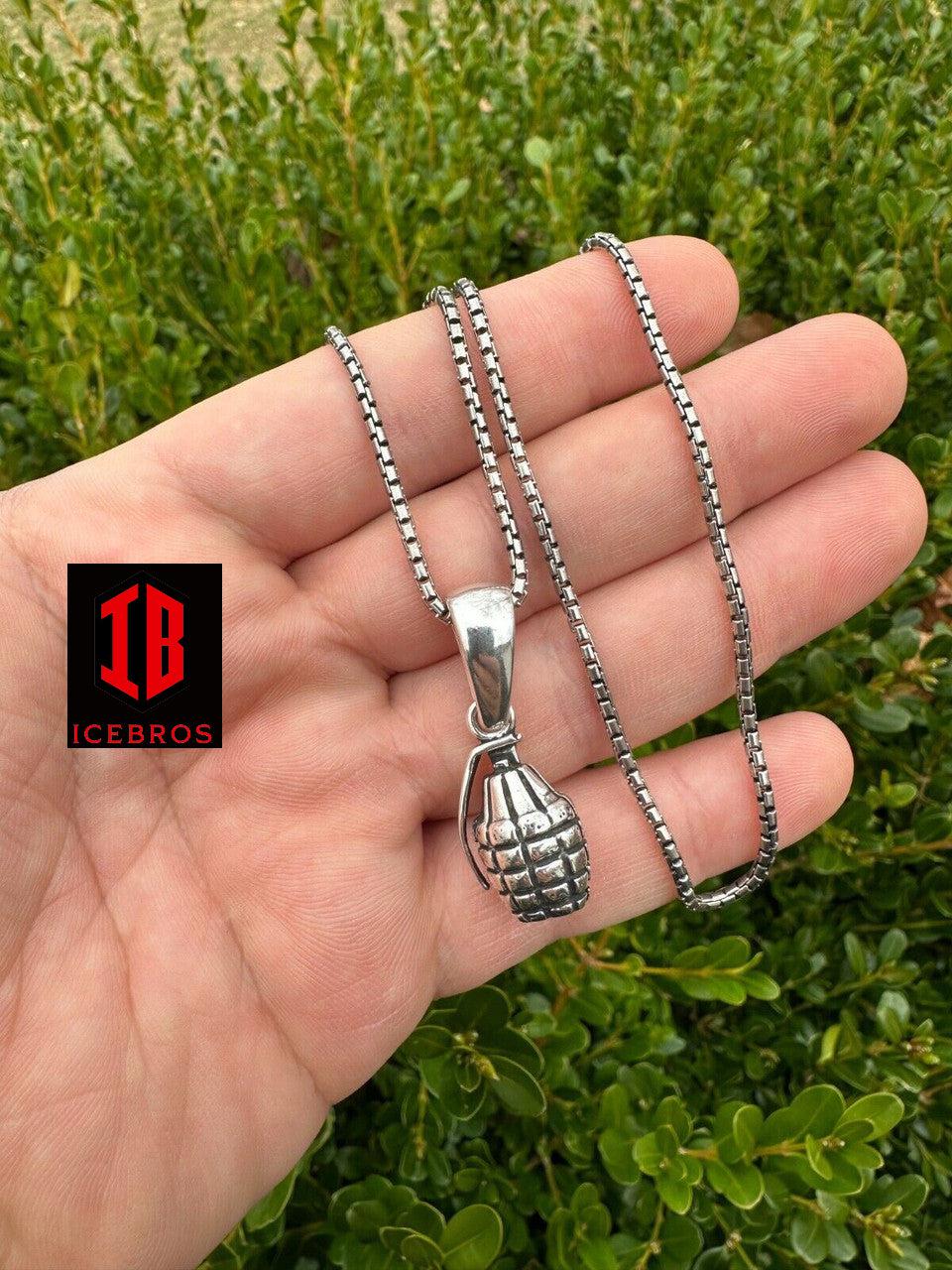 Mens Real 925 Sterling Silver Hand Grenade Bomb Pendant Necklace Small But Heavy