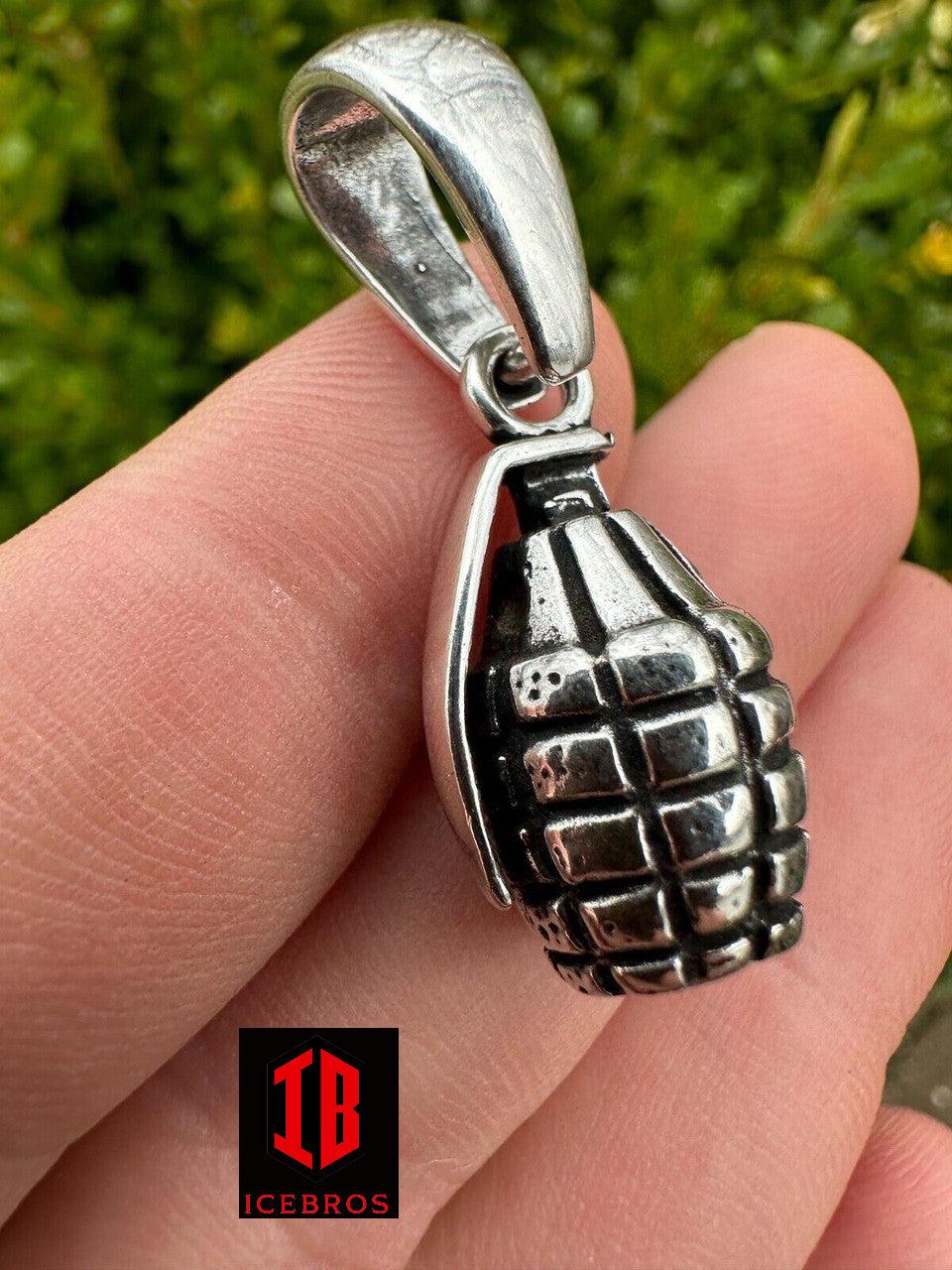 Mens Real 925 Sterling Silver Hand Grenade Bomb Pendant Necklace Small But Heavy