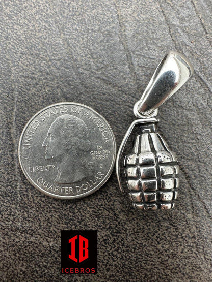 Mens Real 925 Sterling Silver Hand Grenade Bomb Pendant Necklace Small But Heavy