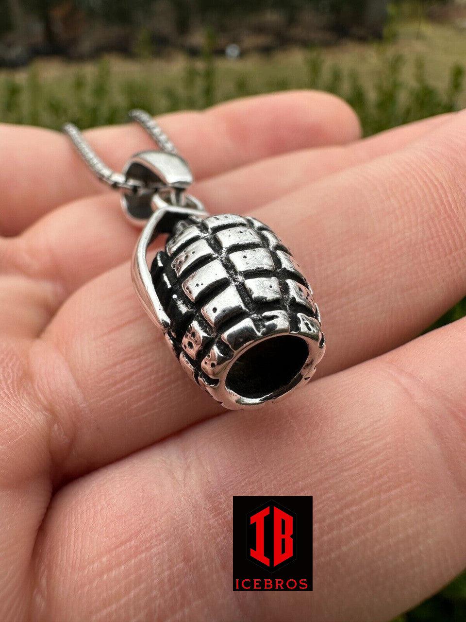 Mens Real 925 Sterling Silver Hand Grenade Bomb Pendant Necklace Small But Heavy