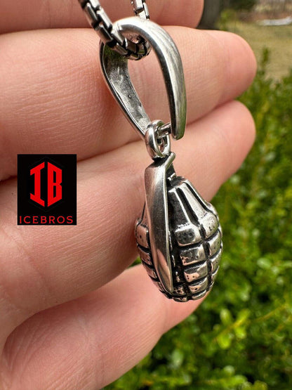 Mens Real 925 Sterling Silver Hand Grenade Bomb Pendant Necklace Small But Heavy