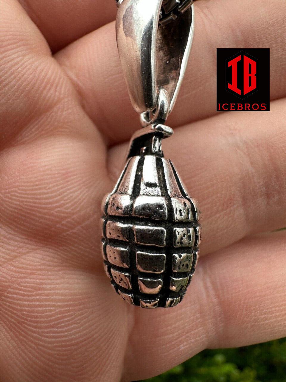 Mens Real 925 Sterling Silver Hand Grenade Bomb Pendant Necklace Small But Heavy