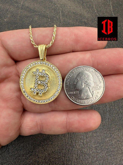 Solid 925 Silver 14K Gold Iced Letter B BITCOIN CZ Pendant Necklace HipHop (CZ)