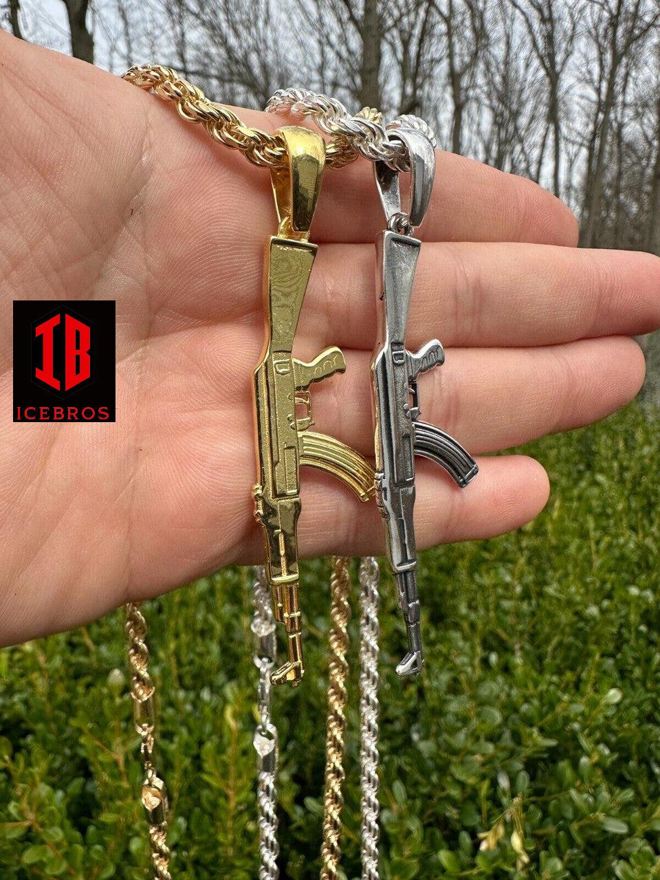 Vermeil 925 Silver / 14k Gold Men's 3D AK-47 Gun Rifle Pendant Necklace Hip Hop