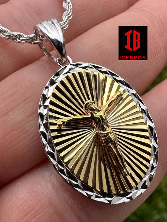 925 Silver 14k Gold Plated Illusion Jesus Medallion Pendant Diamond Cut Necklace