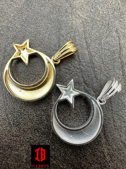 Unisex Real 925 Silver / 14k Gold Crescent Moon & Star Islam Muslim Arabic Pendant