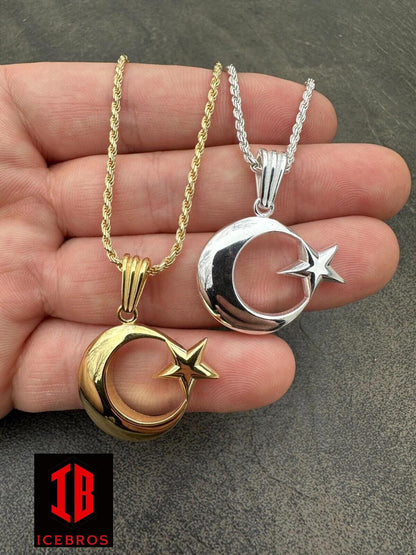 Unisex Real 925 Silver / 14k Gold Crescent Moon & Star Islam Muslim Arabic Pendant