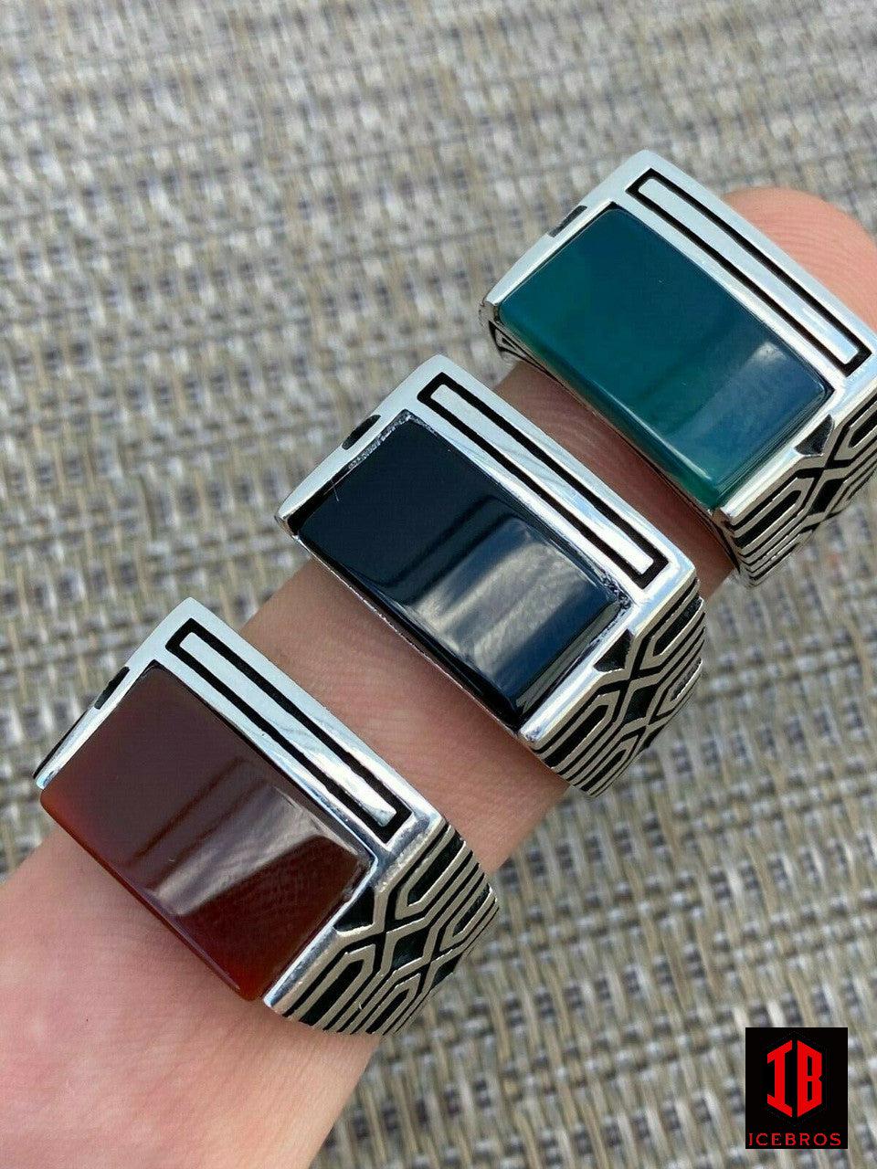 925 Sterling Silver Black Onyx Green Red Agate Men's Stone Ring