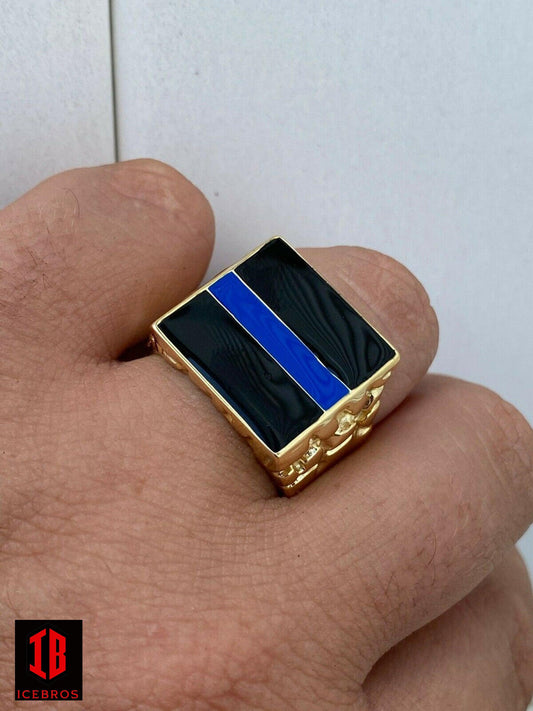 14k Gold Vermeil Solid 925 Silver Ring Blue Lives Matter Thin Blue Line Police