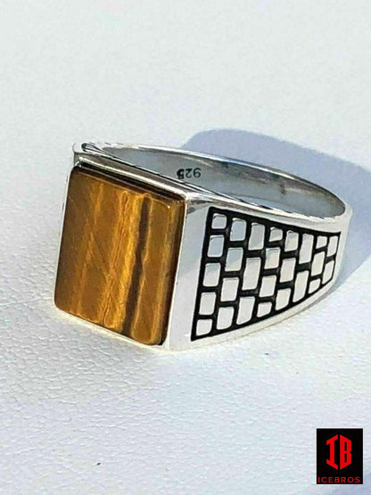 Men's Real Solid 925 Sterling Silver Tiger Eye Square Ring Size 7-13