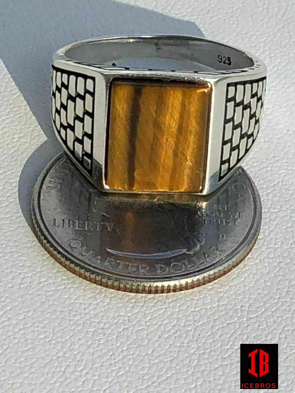 Men's Real Solid 925 Sterling Silver Tiger Eye Square Ring Size 7-13