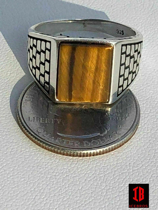 Men's Real Solid 925 Sterling Silver Tiger Eye Square Ring Size 7-13