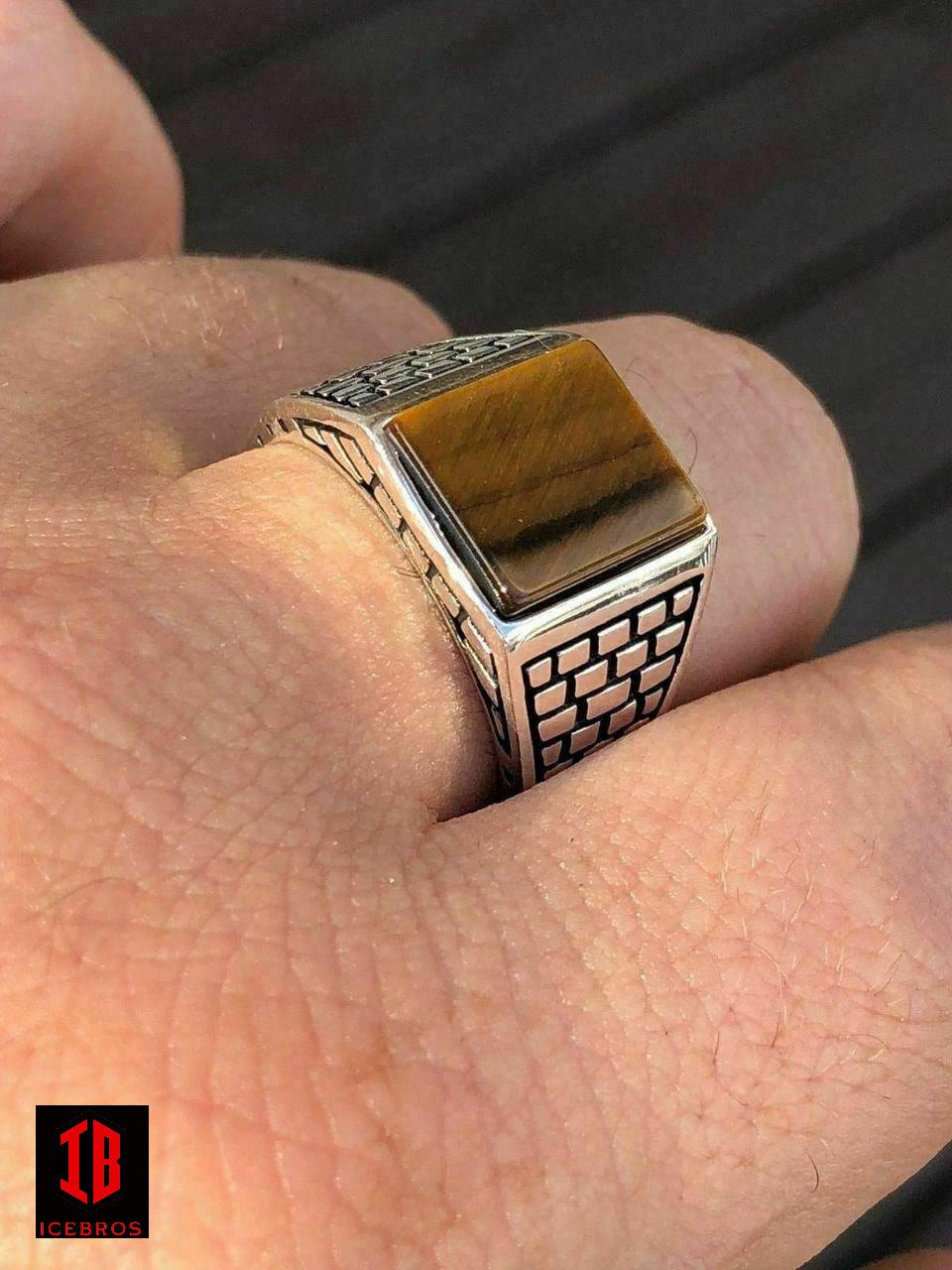 Men's Real Solid 925 Sterling Silver Tiger Eye Square Ring Size 7-13