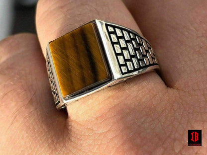 Men's Real Solid 925 Sterling Silver Tiger Eye Square Ring Size 7-13