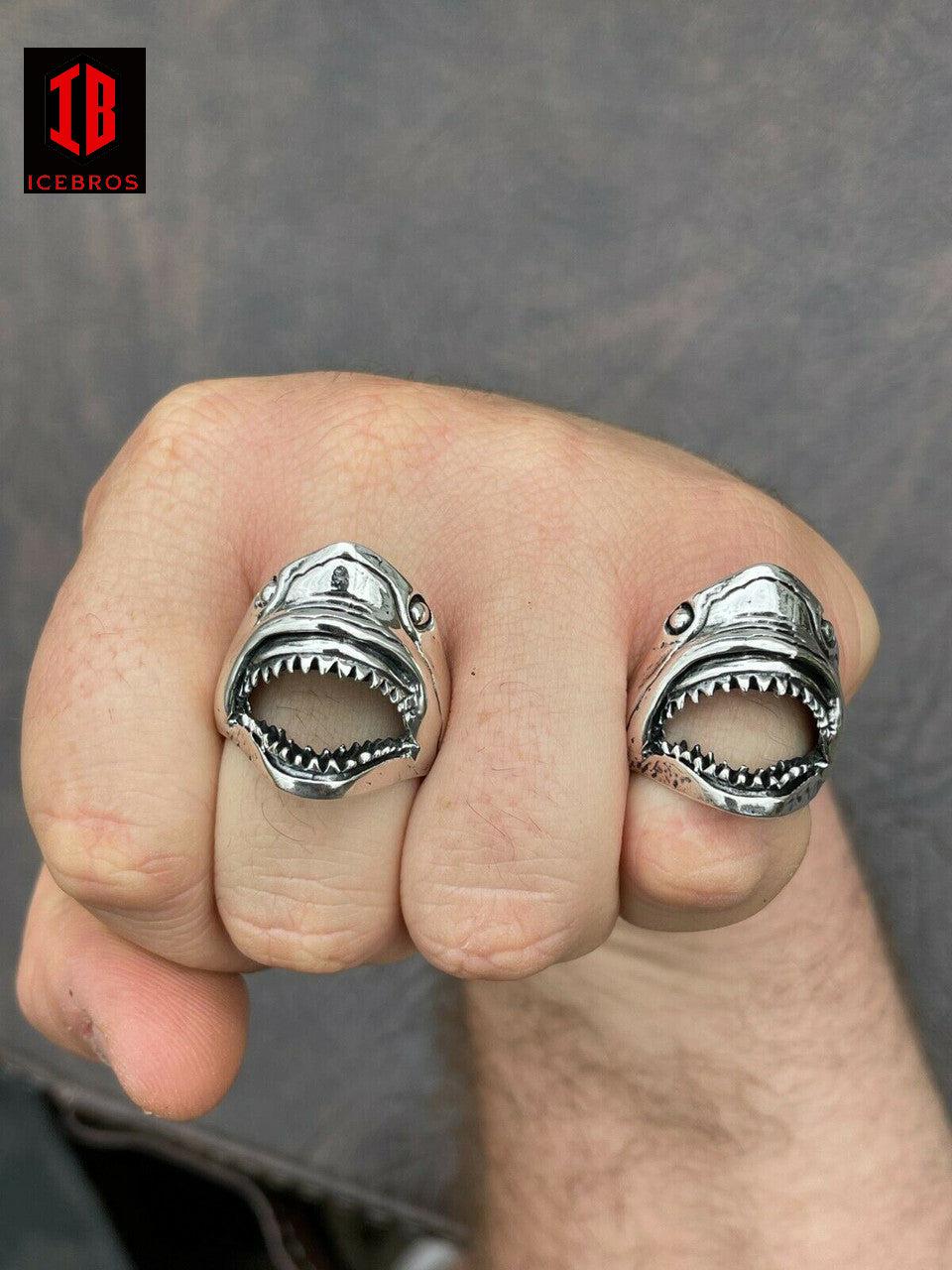 925 Sterling Silver Vermeil Men's Great White Shark Teeth JAWS Ring