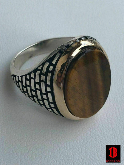 10k Gold Over 925 Sterling Silver Tiger's Eye Men's Ring