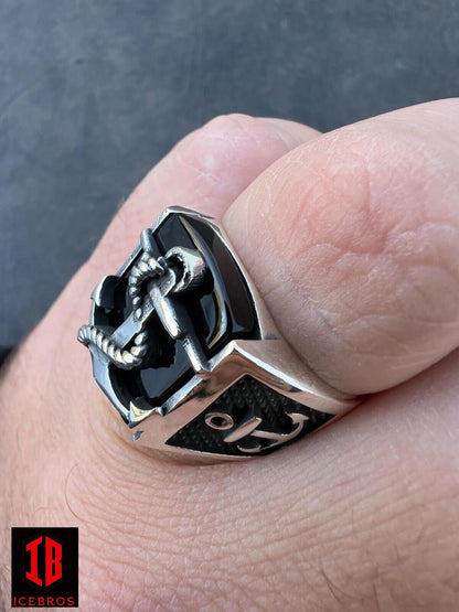 Vermeil Natural Black Onyx Anchor Sailor Maritime Ring