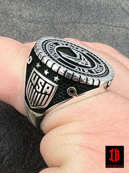 Black Rhodium 925 Sterling Silver US Air Force Military Army Ring