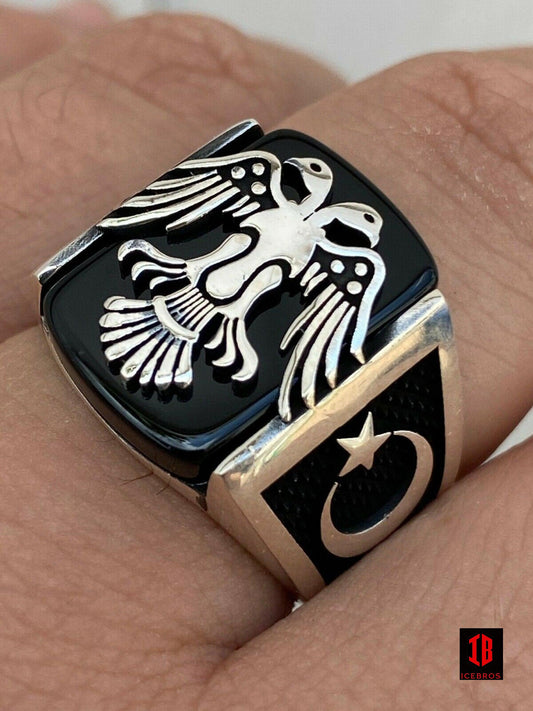 925 Sterling Silver Vermeil Ring Albanian Double Headed Eagle Islamic Crescent