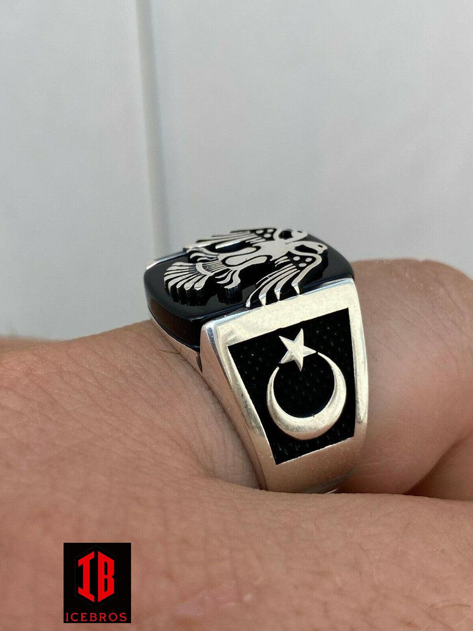 925 Sterling Silver Vermeil Ring Albanian Double Headed Eagle Islamic Crescent