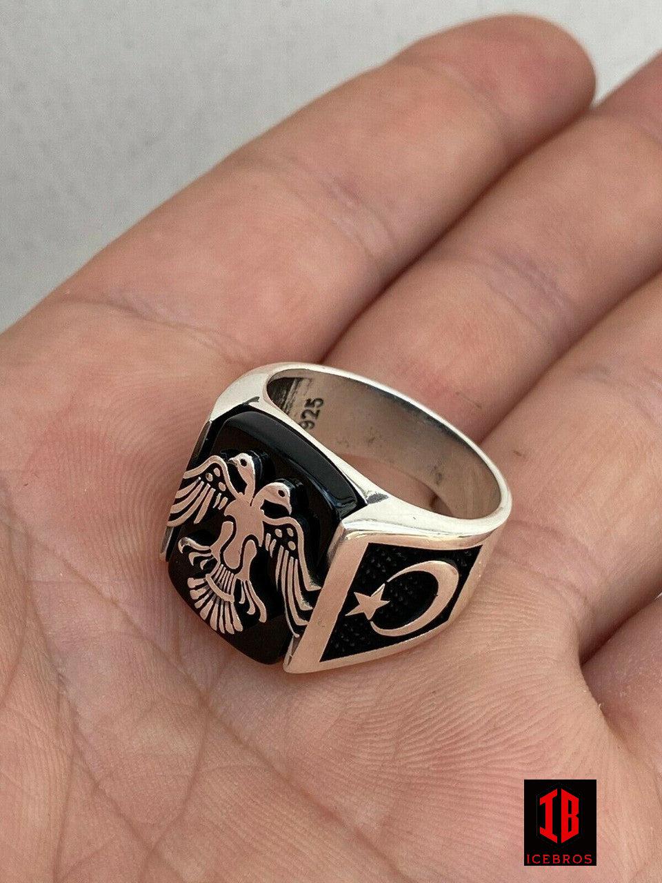 925 Sterling Silver Vermeil Ring Albanian Double Headed Eagle Islamic Crescent