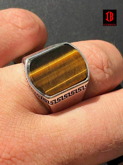 White Gold 925 Sterling Silver Tiger's Eye Men's Signet Ring