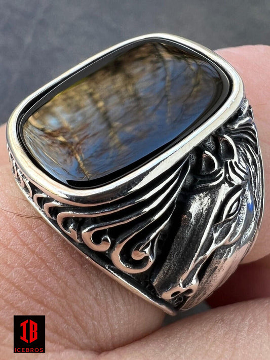 925 Sterling Silver Natural Black Onyx Gemstone Horse Design Ring