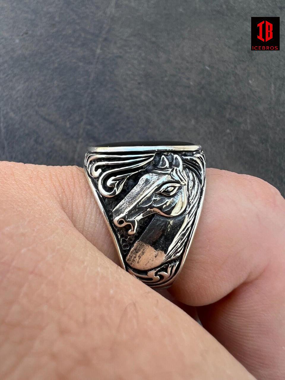 925 Sterling Silver Natural Black Onyx Gemstone Horse Design Ring