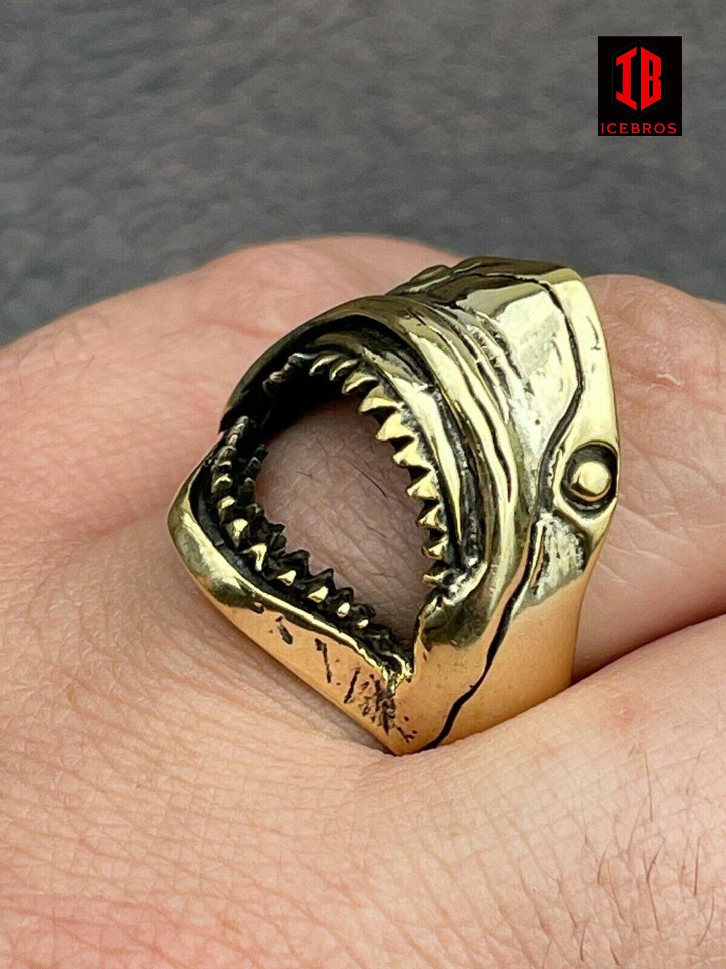 925 Sterling Silver Vermeil Men's Great White Shark Teeth JAWS Ring