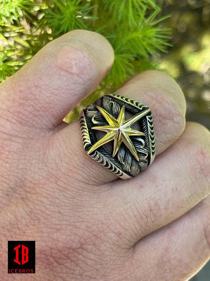 925 Sterling Silver & 10k Gold Men's Nautical Compass Star Ring